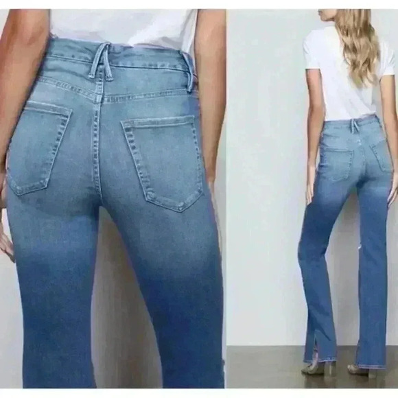 Good AMERICAN GOOD FLARE RIPPED SPLIT HEM FLARE JEANS IN BLUE458 SIZE 6/28 - Picture 6 of 10